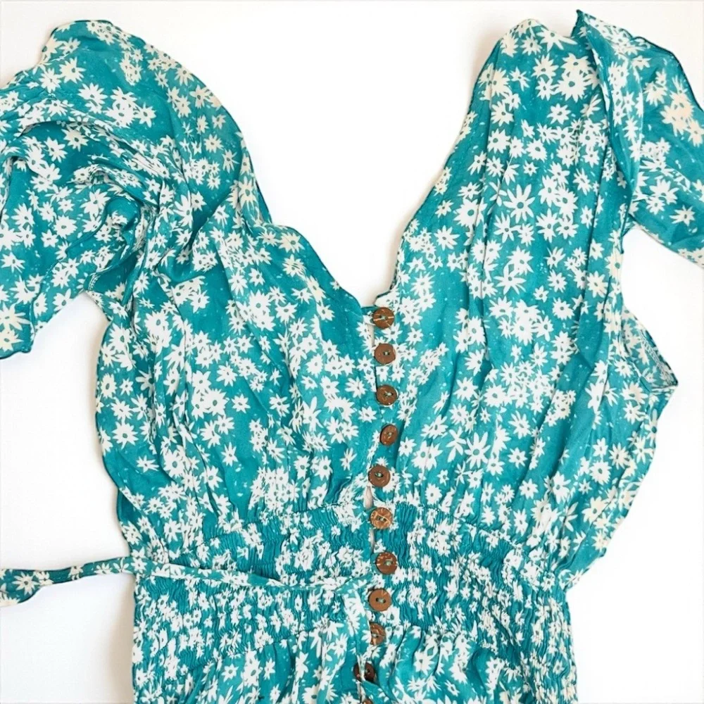 Tiare Hawaii Teal Floral Button Front Maxi Dress Ruffle Sleeve S/M NWOT